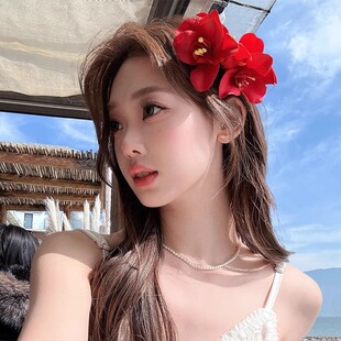 明媚红色双朵兰花发夹海边度假拍照侧边夹头花春氛围感发饰头饰女