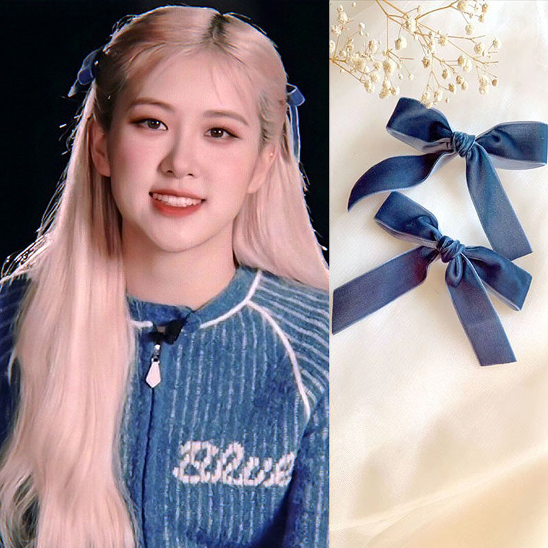 日韩明星发饰朴彩英rose同款蓝色丝绒蝴蝶结侧边发卡子网红头饰女