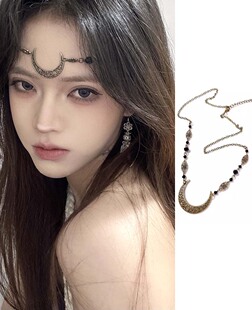 神秘感月族少女头饰镂空月亮发饰额头链子眉心坠民族风流苏耳坠女