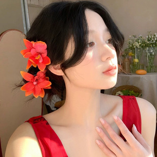 网红仿真象牙兰花发夹海边旅游拍照侧边夹度假舞蹈演出花朵鸭嘴夹