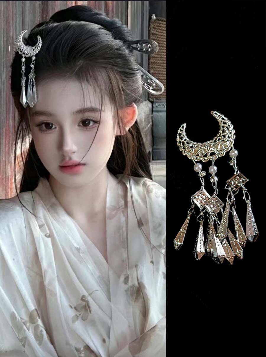清冷氛围感古风发饰银色流苏发夹额前发卡子盘头发簪子u型夹发叉