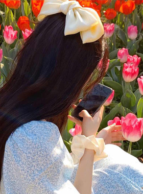 网红发饰超大蝴蝶结顶夹弹簧夹米白色绸缎鸭嘴夹卡Nanki少女头饰