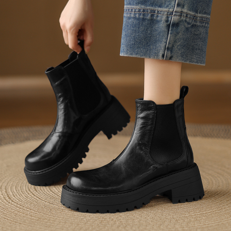 6cm增高厚底不累脚羊皮切尔西靴2025冬粗高跟圆头真皮套筒短靴女