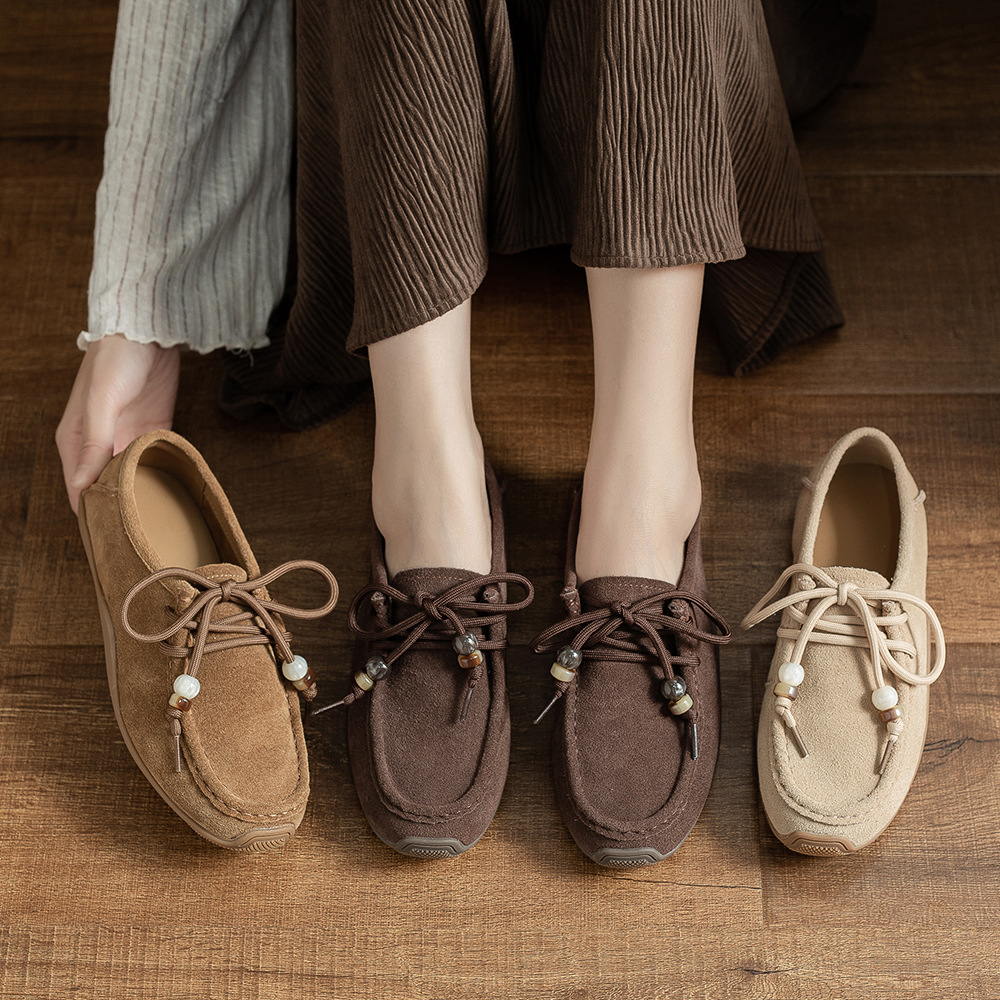 铂帝思 新款珠珠复古真皮鞋女秋季新软底缝制韩版豆豆平底袋鼠鞋
