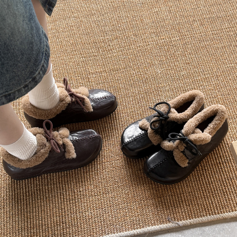 头层羊皮羊毛网红勃肯鞋2025冬粗低跟圆头真皮系带保暖毛毛单鞋女