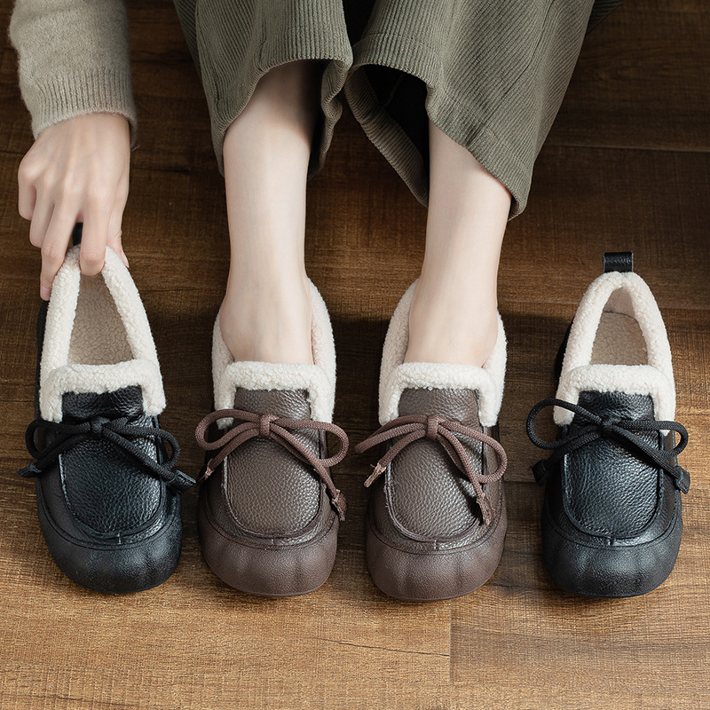 冬季保暖休闲鞋子女牛皮轻便百搭加绒单鞋小皮鞋松糕厚底乐福鞋