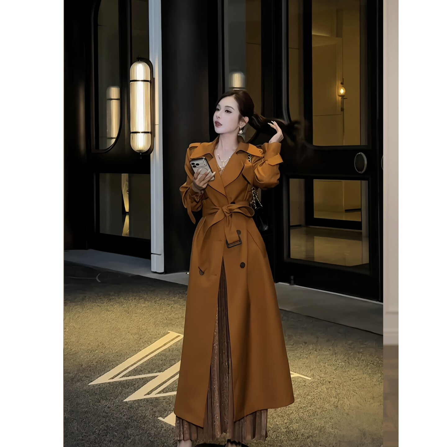 董小姐秋装长款翻领系带风衣女图片