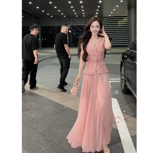 董小姐高端定制女装亚麻小香马甲+多层网纱纱裙半身裙套装两件套