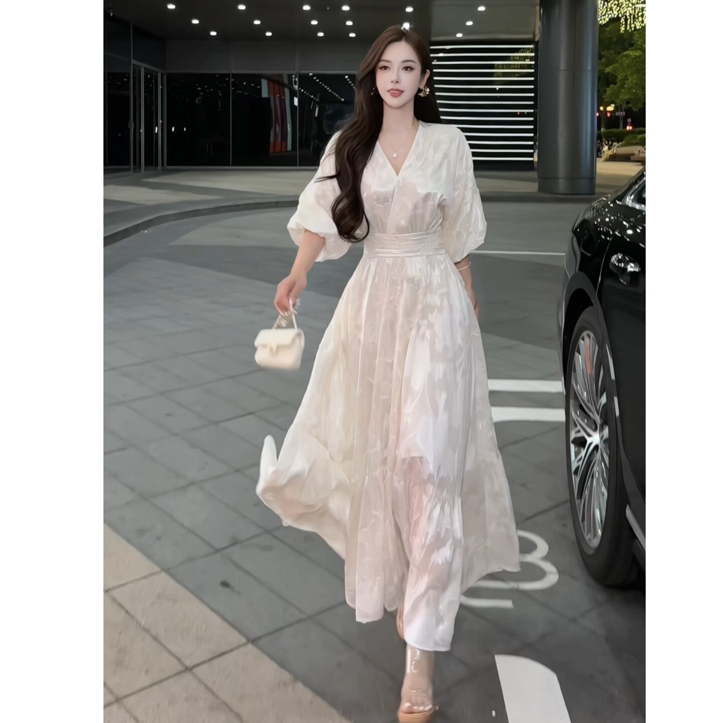 董小姐高端定制女装V领花苞袖束腰大摆天丝提花连衣裙长裙