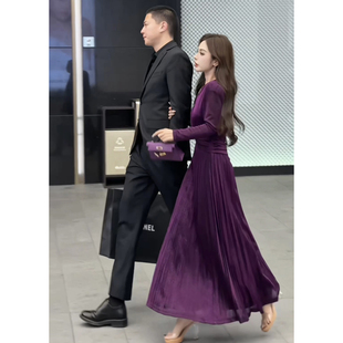 1.30新品 董小姐高端定制 春装新款百褶裙法式紫色连衣裙