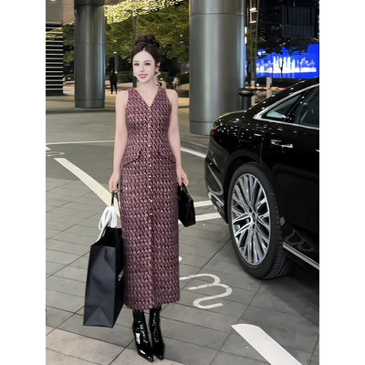 新年礼遇 董小姐高端定制 冬装新款长款羊毛彩纱无袖背心连衣裙