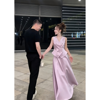 董小姐高端醋酸无袖收腰两件套