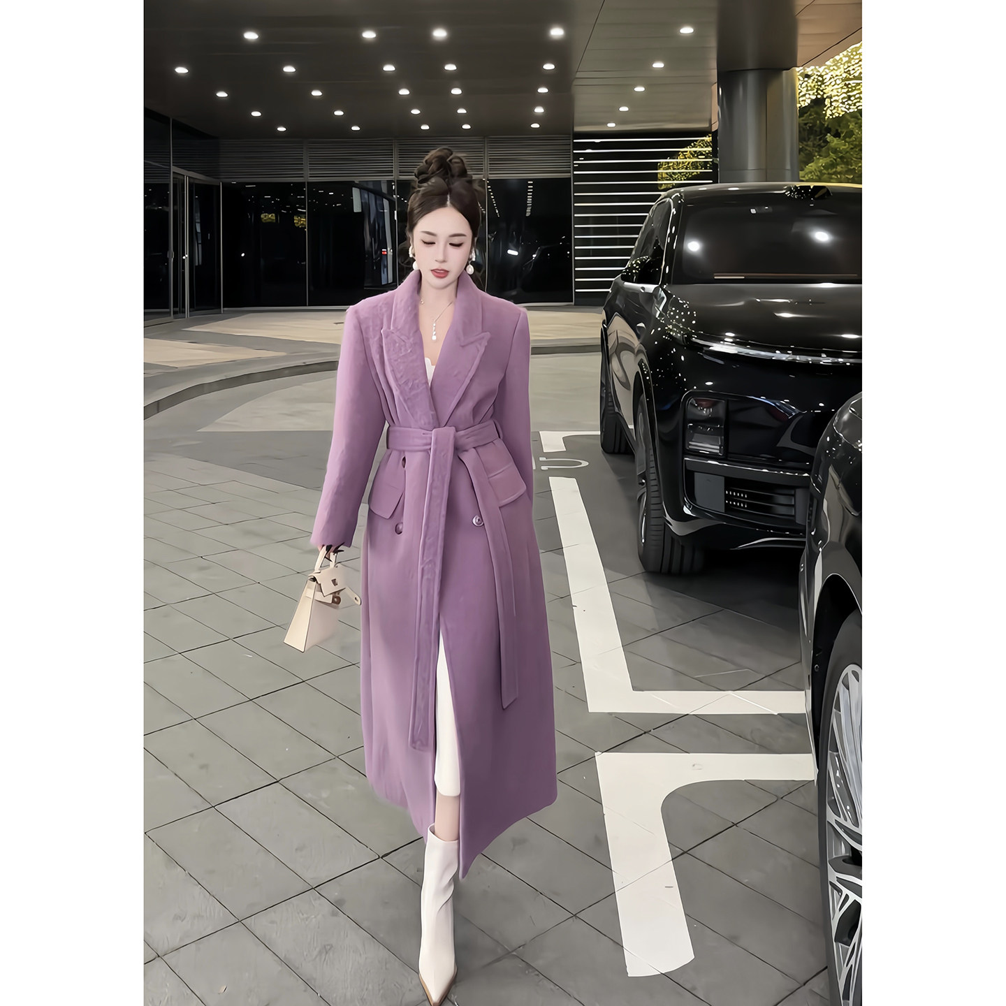 董小姐高端定制紫色翻领双排扣系带羊毛拉毛大衣女中长款毛呢外套