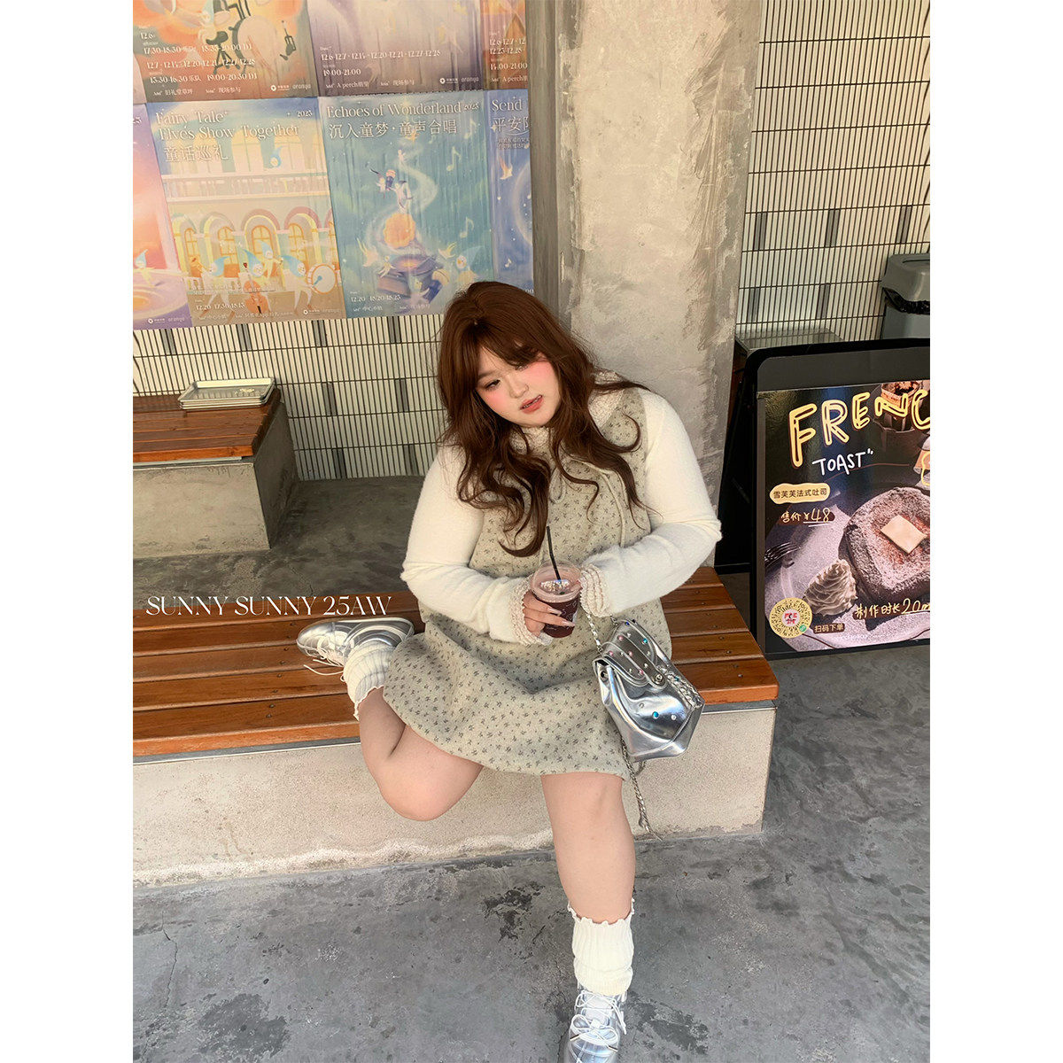 三点泥SUNNY【富士花苞】 大码甜美风毛呢背心裙女宽松少女连衣裙