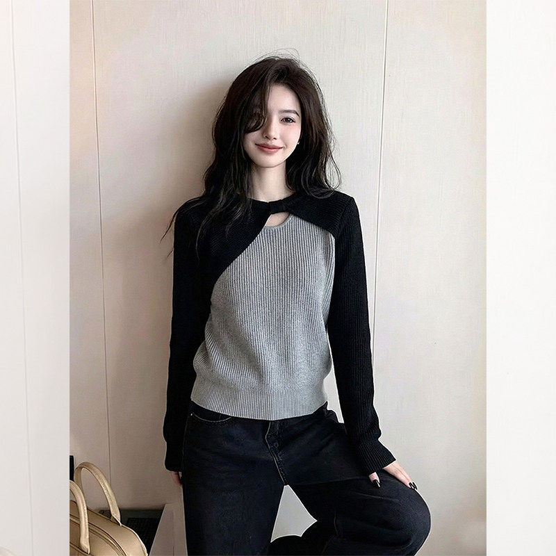 巨好看的灰色假两件镂空针织打底衫女秋冬高级感绝美内搭短款上衣