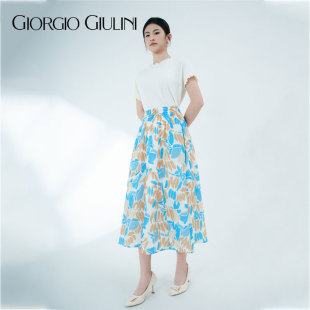 庄姿妮褶皱碎花半身裙2025春夏新款 印花a字长裙Q307 高腰中长款