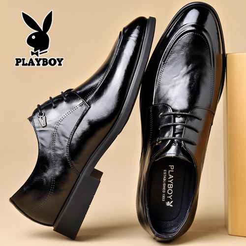 花花公子皮鞋男真皮商务正装尖头黑色内增高结婚新郎大码冬季加绒