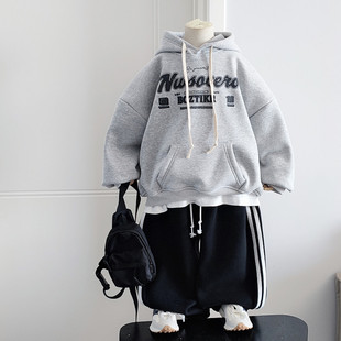 男童一体绒连帽卫衣秋冬款童装加绒加厚美式复古中小儿童字母帽衫