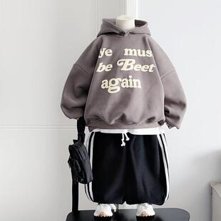 儿童加绒连帽卫衣秋冬装美式潮牌立体发泡男童一体绒加厚上衣童装