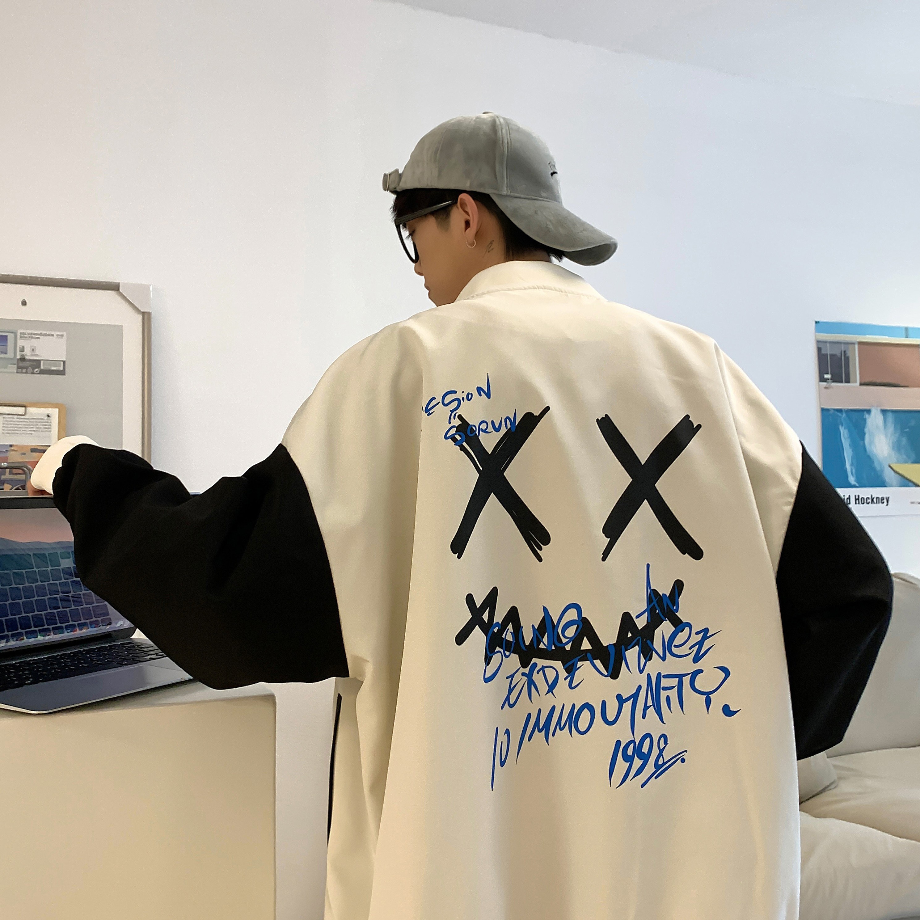 XZ301D-1-JK1008-P75新款2024恶魔印花宽松棒球夹克潮流,男装夹克,星座301D-1