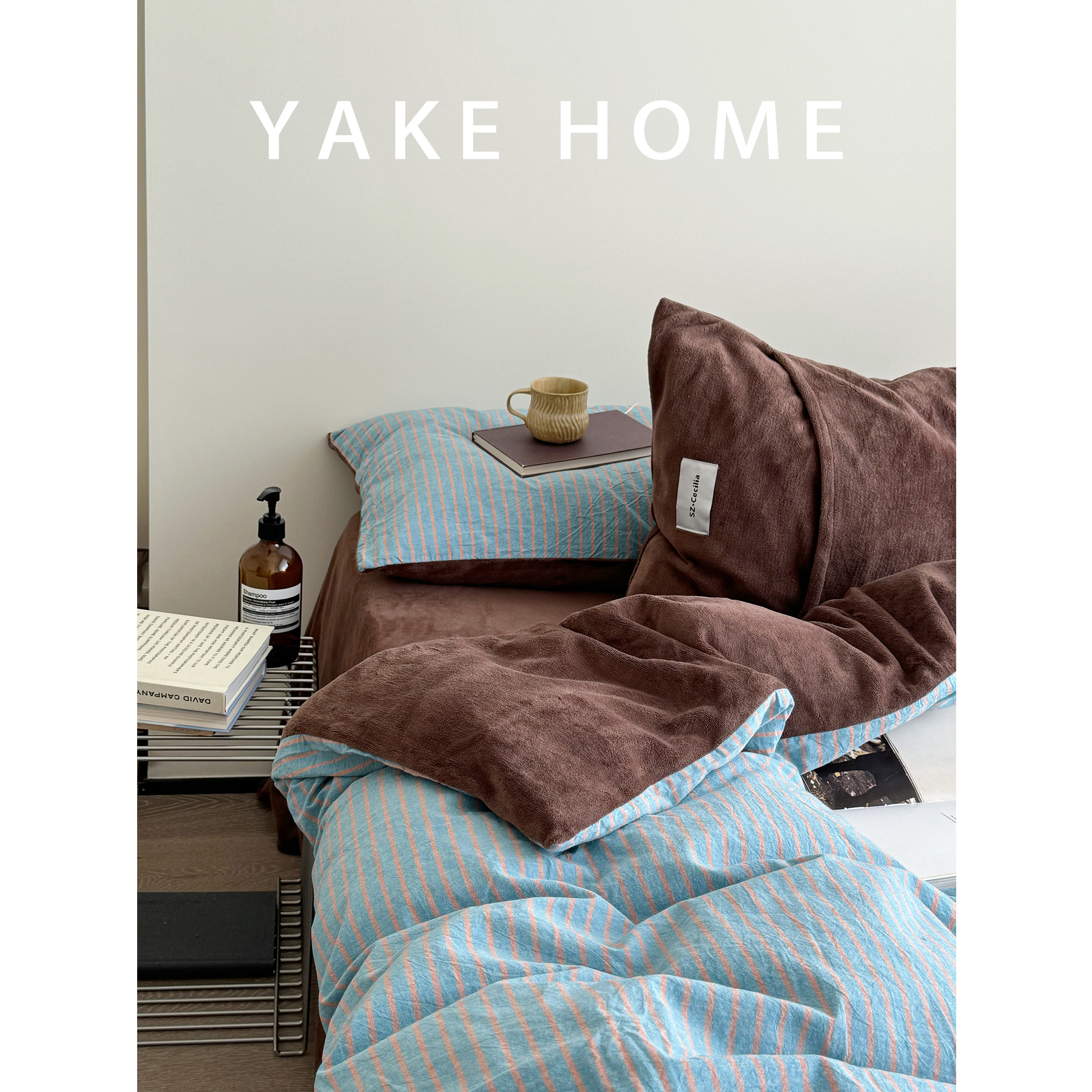 YAKEHOME【梦境边缘】复古风蓝色条纹牛奶绒加全棉四件套纯棉床单