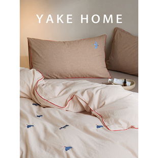 YAKEHOME【未有留名】日式刺绣全棉色织水洗棉四件套纯棉床单被套