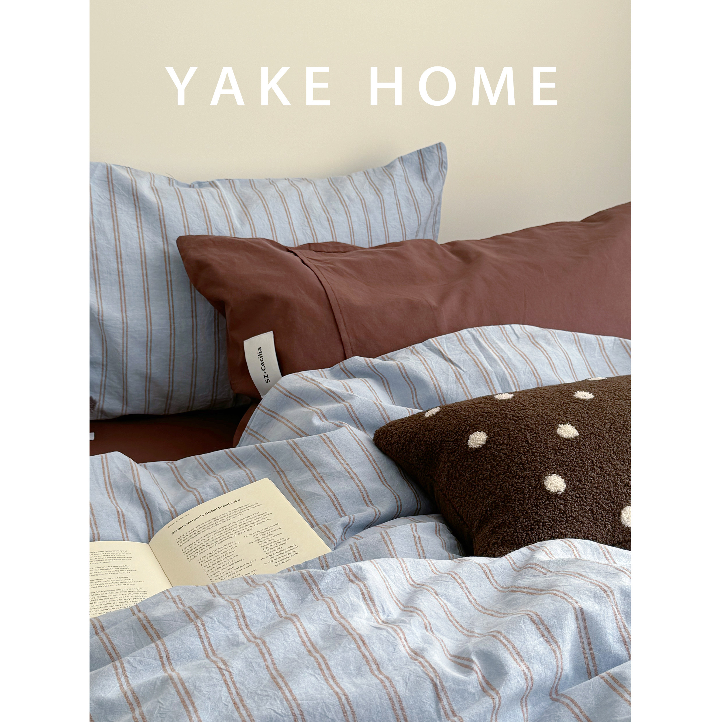 YAKEHOME【藤风琴谱】复古风蓝色条纹全棉水洗棉四件套纯棉床单