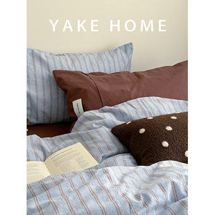 YAKEHOME【藤风琴谱】复古风蓝色条纹全棉水洗棉四件套纯棉床单