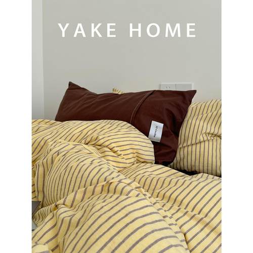 YAKEHOME【费尔岛毛衣】咖黄色条纹全棉水洗棉四件套纯棉床上床单