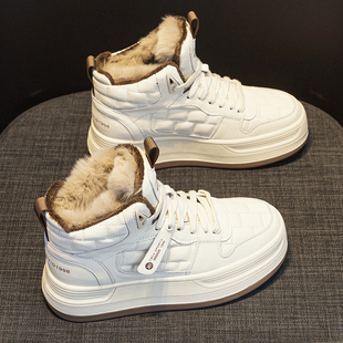 真皮兔毛雪地靴女冬季加绒加厚保暖棉鞋平底学生高帮休闲运动板鞋