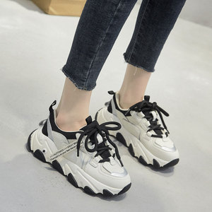黑色老爹鞋女2023年春秋季新款真皮显脚小轻便百搭网红超火ins潮