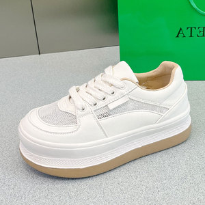 真皮网面透气小白鞋女2026年夏季新款增高百搭休闲板鞋运动厚底鞋