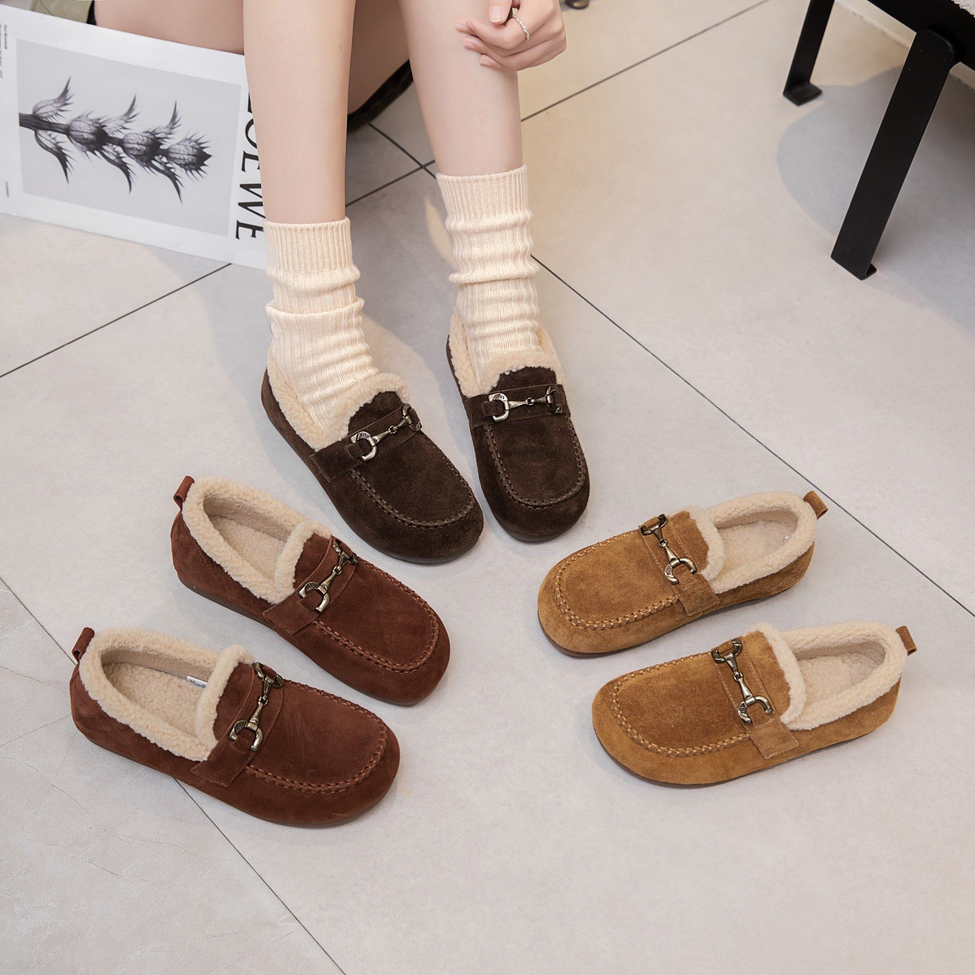 真皮勃肯鞋女2025冬季新款加绒全包毛毛鞋平底一脚蹬保暖豆豆棉鞋,女鞋,时尚休闲鞋,淘宝优惠券,粉丝福利购,淘宝优惠卷