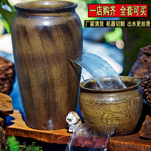 复古切割流水缸瀑布陶瓷复古循环流水罐大号增氧循环过滤叠水瀑布