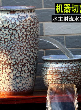 流水瀑布陶罐古法缸养鱼循环低吸水泵增氧循环生态鱼缸民宿复古罐