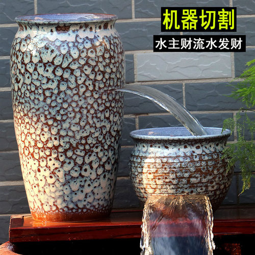 流水瀑布陶罐古法缸养鱼循环低吸水泵增氧循环生态鱼缸民宿复古罐
