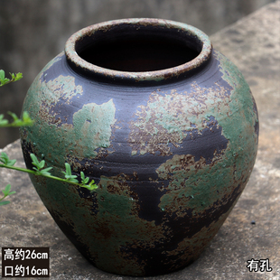 粗陶罐简约盆景盆复古透气陶盆大号流泉枫兰花盆室内酒店装饰盆高
