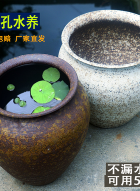 荷花缸鱼缸桌面无孔水培盆铜钱草造景鱼缸陶瓷缸水缸复古荷花缸大