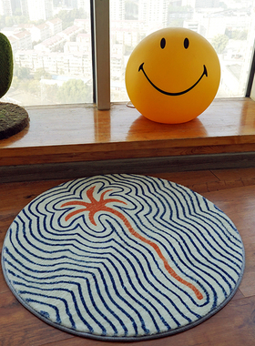 TRIPPY原创设计 手绘涂鸦水波纹线条 椰子树 加厚仿羊绒圆形地毯