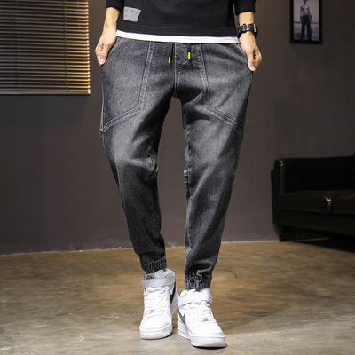 春冬季加绒加厚保暖工装九分牛仔裤潮牌休闲松紧裤小码男裤S码