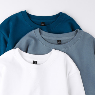 s码 外贸340g重磅雾霾蓝纯棉纯色毛圈卫衣厚实小领口情侣小码 男装