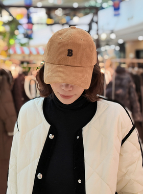 韩国代购B字母贴布灯芯绒棒球帽子女秋冬休闲糖果色软顶鸭舌帽潮