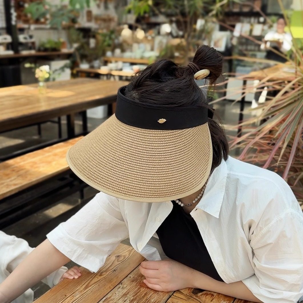 韩国显脸小草编草帽子女士夏灯罩空顶防晒帽超大帽檐遮阳帽太阳帽