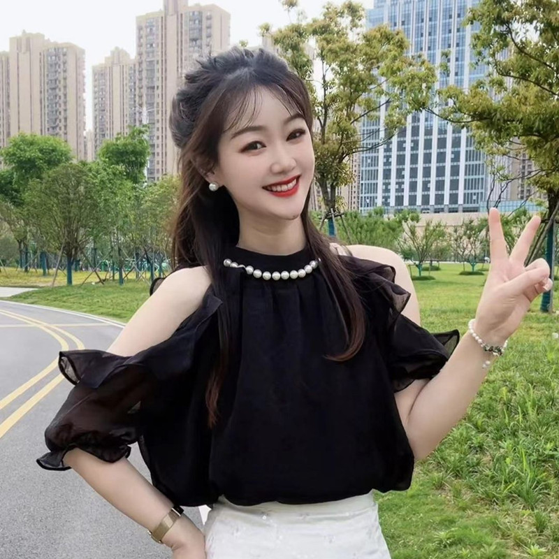 大码女装胖mm夏装2025新款挂脖雪纺衫短袖t恤宽松遮肚上衣显瘦潮9