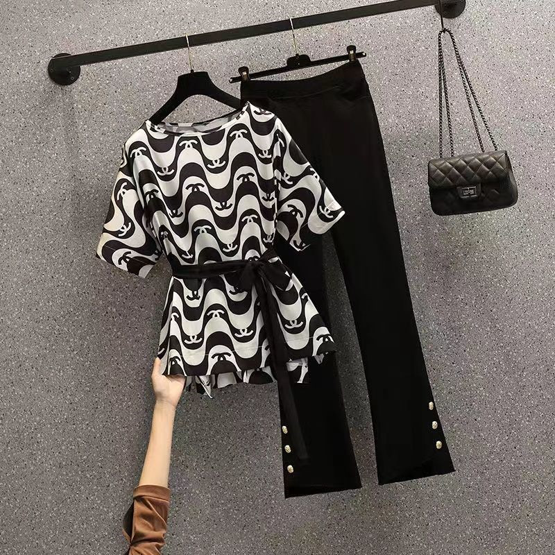大码女装胖mm夏装遮肉长裤两件套胖妹妹遮肚显瘦套装减龄藏肉20仙