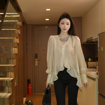 磊磊【浮纱千面】 花边上衣  V领时尚长袖衬衫女上衣衬衣88285