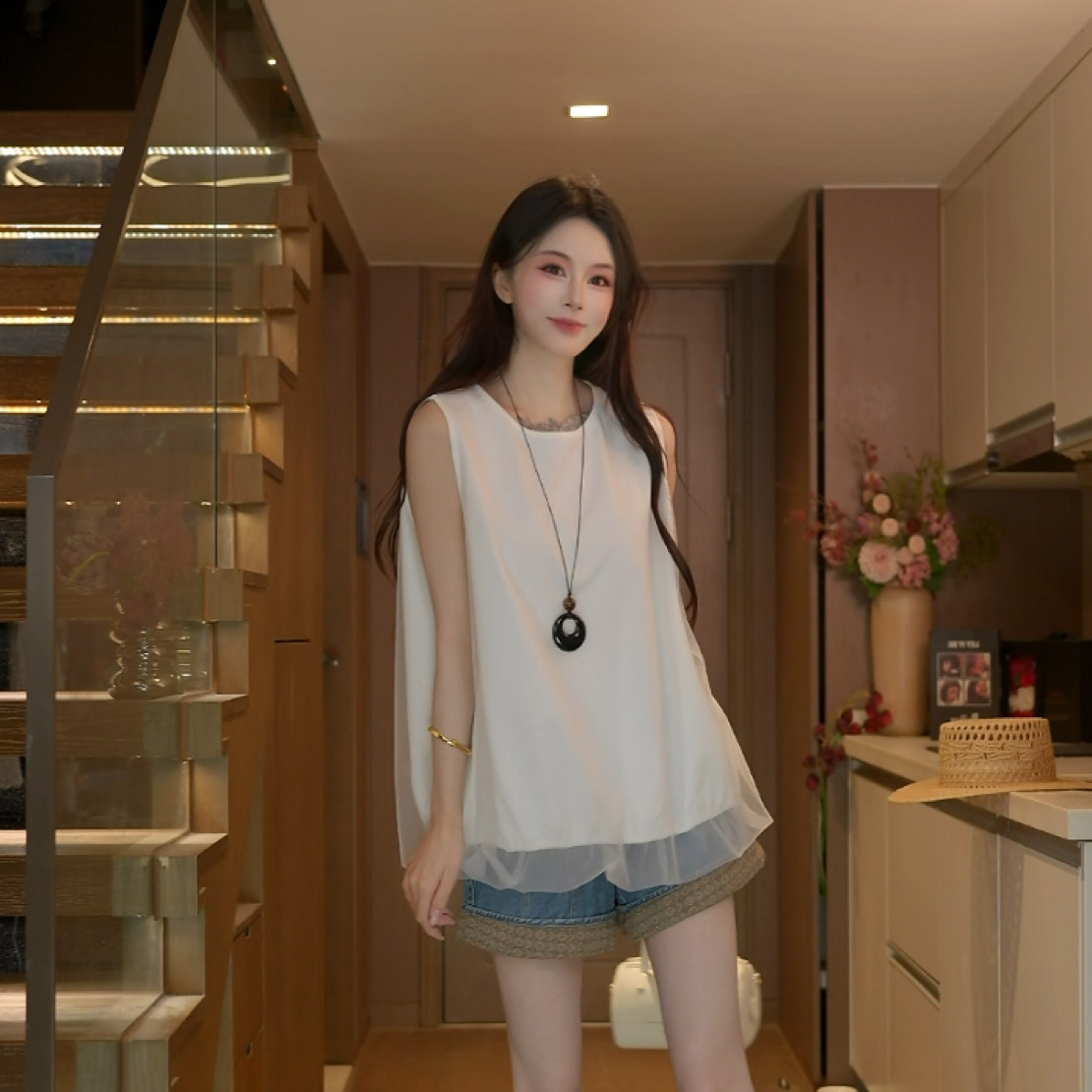 磊磊【甜美的阳光】网纱上衣 双层拼接背心度假风88331