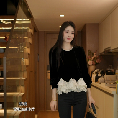 磊磊【揉碎星光】丝绒上衣 减龄洋气荷叶边丝绒上衣88203