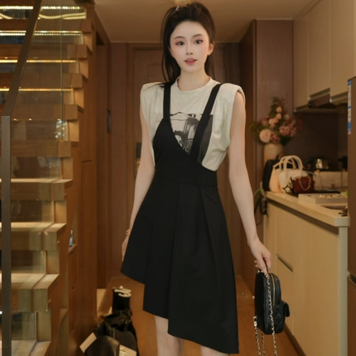磊磊【巴赫小调】背带裙  春季不规则肩带黑色单肩背带裙88266