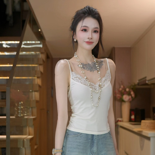 磊磊【自在呼吸】     吊带背心    白色V领蕾丝花边背心吊带6768